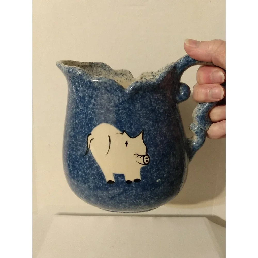 Blue Spongeware Calico China Pitcher with Pig Speckled Country Farmhouse decor